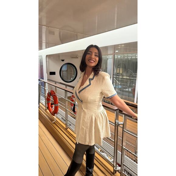 SANDRO Off White Tweed Blue Trim A-Line Double Breasted Seville Dress Size 36 - Picture 13 of 16